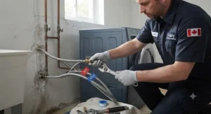 Plumber installing braided steel hoses on a washer for hard water in a Canadian basement