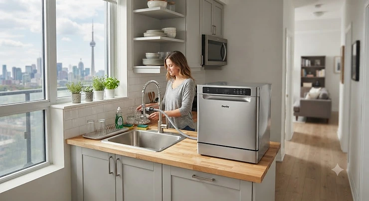 Portable dishwasher connected to a kitchen sink in a compact Canadian apartment portable vs built-in dishwasher