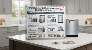 Chart outlining purchase and installation costs in Canadian dollars for portable versus built-in dishwashers
