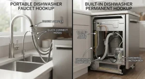 Side-by-side comparison of a portable dishwasher faucet adapter and a hardwired built-in dishwasher hookup