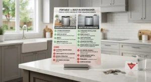 Pros and cons checklist for choosing a portable or built-in dishwasher in a Canadian home