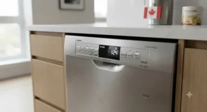 Digital control panel on a quiet Bosch dishwasher displaying wash cycle status in a contemporary Canadian home.