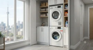Smartphone displaying smart home controls for a popular washer dryer brand Canada appliance