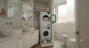 A stackable compact ventless dryer and washer unit positioned in a small Toronto condo bathroom.