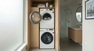 A space-saving stackable washer and best ventless dryer combo in a Vancouver condo bathroom