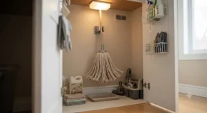 A string mop hanging upside down in a Canadian apartment utility closet to dry completely.