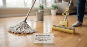 Comparison showing a traditional string mop protecting hardwood floors better than harsh alternatives.