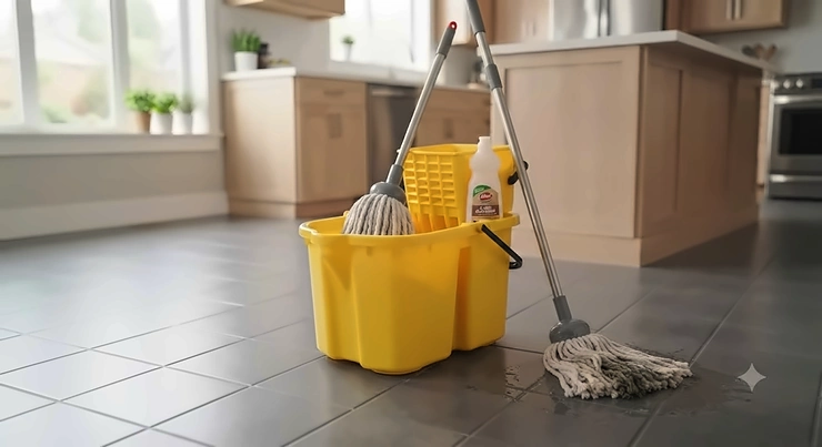 A complete kit with string mops for kitchen floors and a built-in wringer bucket.