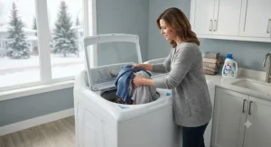 Loading laundry into a high-capacity top load washing machine without bending down, ideal for comfortable daily use.
