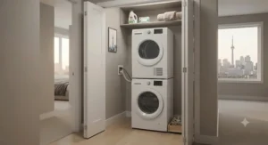 Ventless heat pump dryer installed inside a compact Toronto condo apartment laundry closet