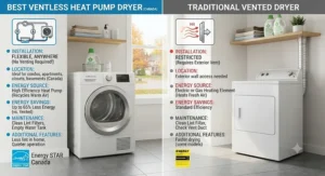 Infographic comparing installation and energy features of a best ventless dryer versus traditional vented models