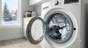 High-speed spin cycle on a front load washer extracting maximum water to reduce dryer time during cold Canadian winters.