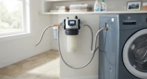 Water softener system connected to a laundry washing machine to prevent hard water damage