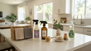 An affordable microfibre wet mops set displayed neatly with spare pads on a kitchen counter.