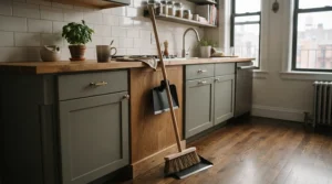 Compact flat mop for laminate floors storing easily in a downtown apartment kitchen