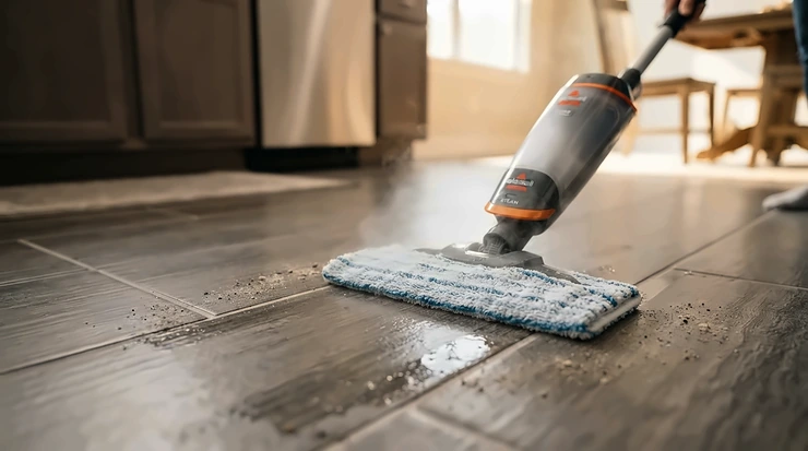 Demonstrating a low-moisture flat mop for laminate floors in a modern kitchen