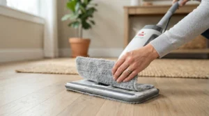 Attaching a microfibre pad to a flat mop for laminate floors during routine chores