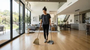 Covering a large open-concept area quickly with a wide flat mop for laminate floors