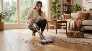 Removing pet hair and dust efficiently using a flat mop for laminate floors