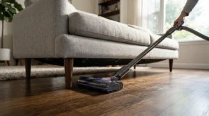 Reaching under low furniture with a swivel flat mop for laminate floors