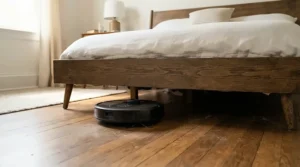 An efficient microfibre dust mop for hardwood floors removing dust and allergens beneath a master bedroom bed.