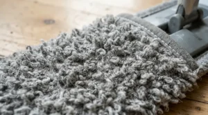 Close-up view of the dense split fibers on a microfibre dust mop for hardwood floors.