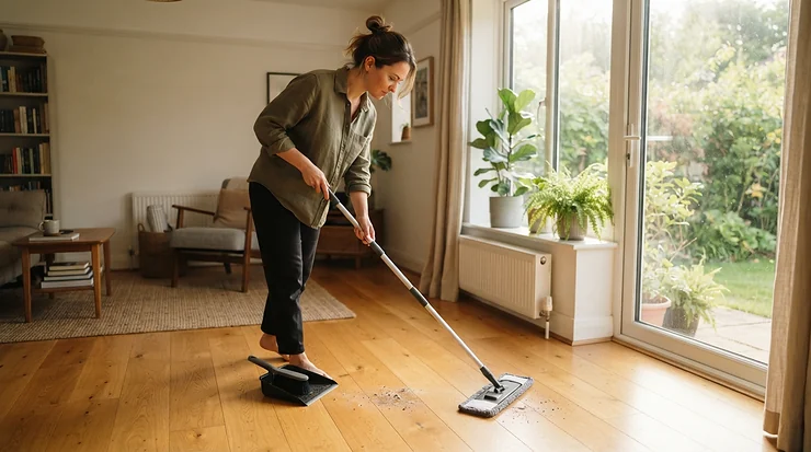A microfibre dust mop for hardwood floors gliding smoothly across a sunny living room space in a modern home.