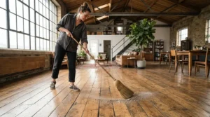 Navigating a large open-concept area with a manoeuvrable microfibre dust mop for hardwood floors.