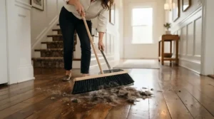 Using a microfibre dust mop for hardwood floors to easily pick up pet hair and dander from a hallway.