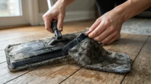 Removing a washable pad from a microfibre dust mop for hardwood floors after routine dry sweeping.