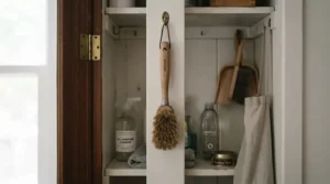 Storing a microfibre spray mop for hardwood floors neatly in a narrow utility closet