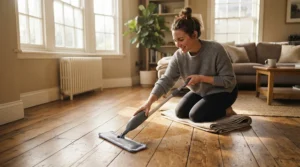 A person using a microfibre spray mop for hardwood floors in a sunlit Canadian living room
