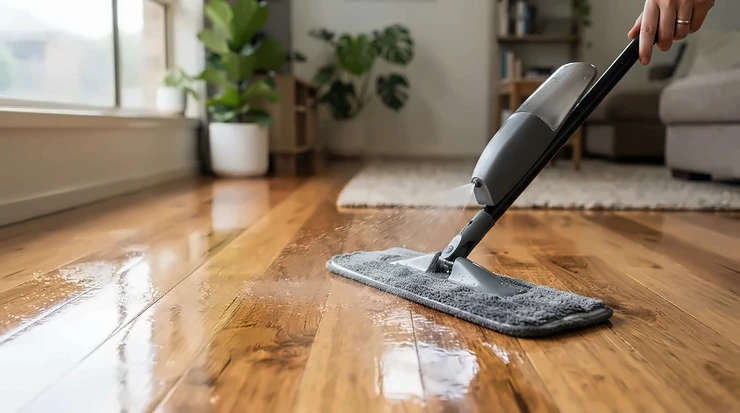 Applying a hardwood cleaning solution with a microfibre spray mop for hardwood floors in a suburban hallway