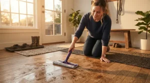 Pet owners using microfibre wet mops to clean muddy paw prints from the hallway.