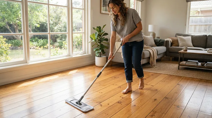 Cleaning hardwood flooring in a Toronto home using microfibre wet mops for dust and grime removal.