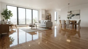 Polishing laminate flooring in an open-concept living area using microfibre wet mops.