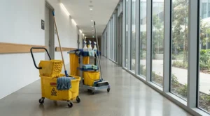 A heavy-duty mop bucket combo paired with microfibre wet mops in a bustling office corridor.