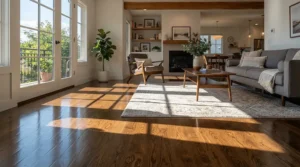 Sunlight illuminating a freshly polished floor cleaned with a salt-safe mop for winter floors.