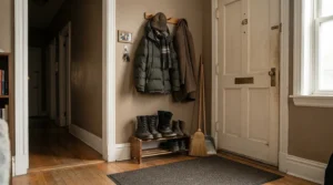 A compact salt-safe mop for winter floors storing easily in a small apartment vestibule beside wet footwear.
