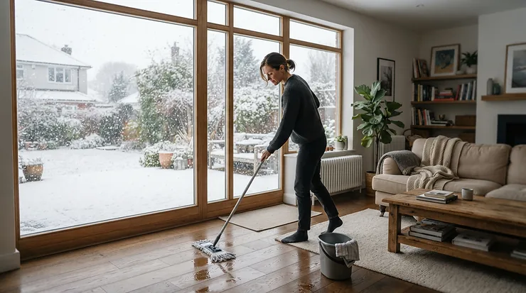 A homeowner performing a deep clean using a salt-safe mop for winter floors during a snowy afternoon.