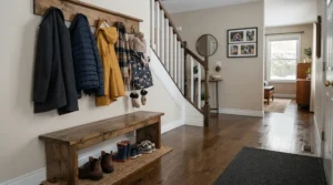 A busy household hallway maintained clean with a salt-safe mop for winter floors after a blizzard.