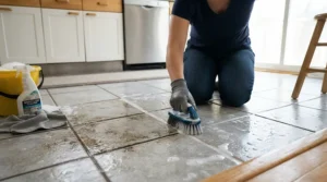 A salt-safe mop for winter floors tackling gritty residue on kitchen tiles and grout lines.