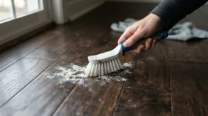Using a salt-safe mop for winter floors to wipe away stubborn white residue on hardwood planks.