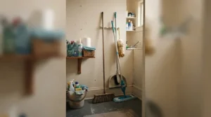 A compact sponge mop for tile grout stored neatly in a small utility closet in a Montreal condo.