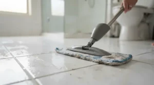 Using a sponge mop for tile grout in a Vancouver apartment bathroom to keep floors fresh and clean.