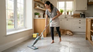 A homeowner using a sponge mop for tile grout on a kitchen floor during regular house cleaning in Toronto.