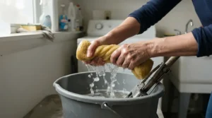 Keeping rental properties clean with an efficient sponge mop for tile grout on kitchen floors.