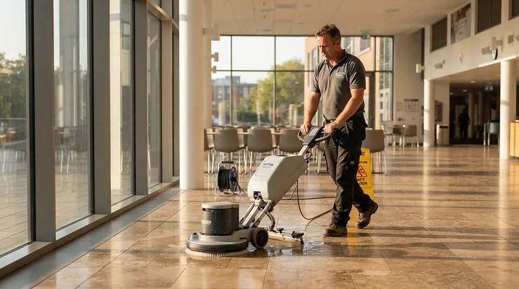 Routine weekend chores using a sponge mop for tile grout across an open-concept suburban kitchen floor.