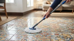 A sponge mop for tile grout working effectively on textured ceramic floor tiles in an Ottawa hallway.