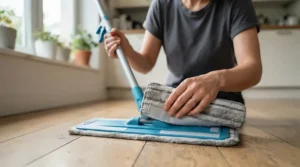Installing a foam mop head replacement on a sponge mop for vinyl flooring.